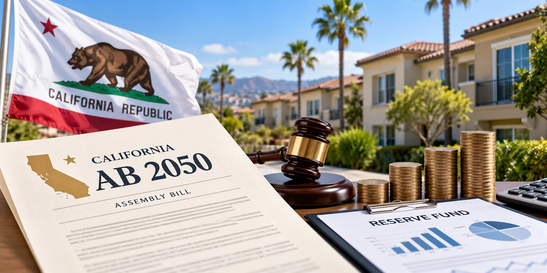 California AB 2050 document with a gavel, reserve fund charts, coins, and California HOA community homes in the background.