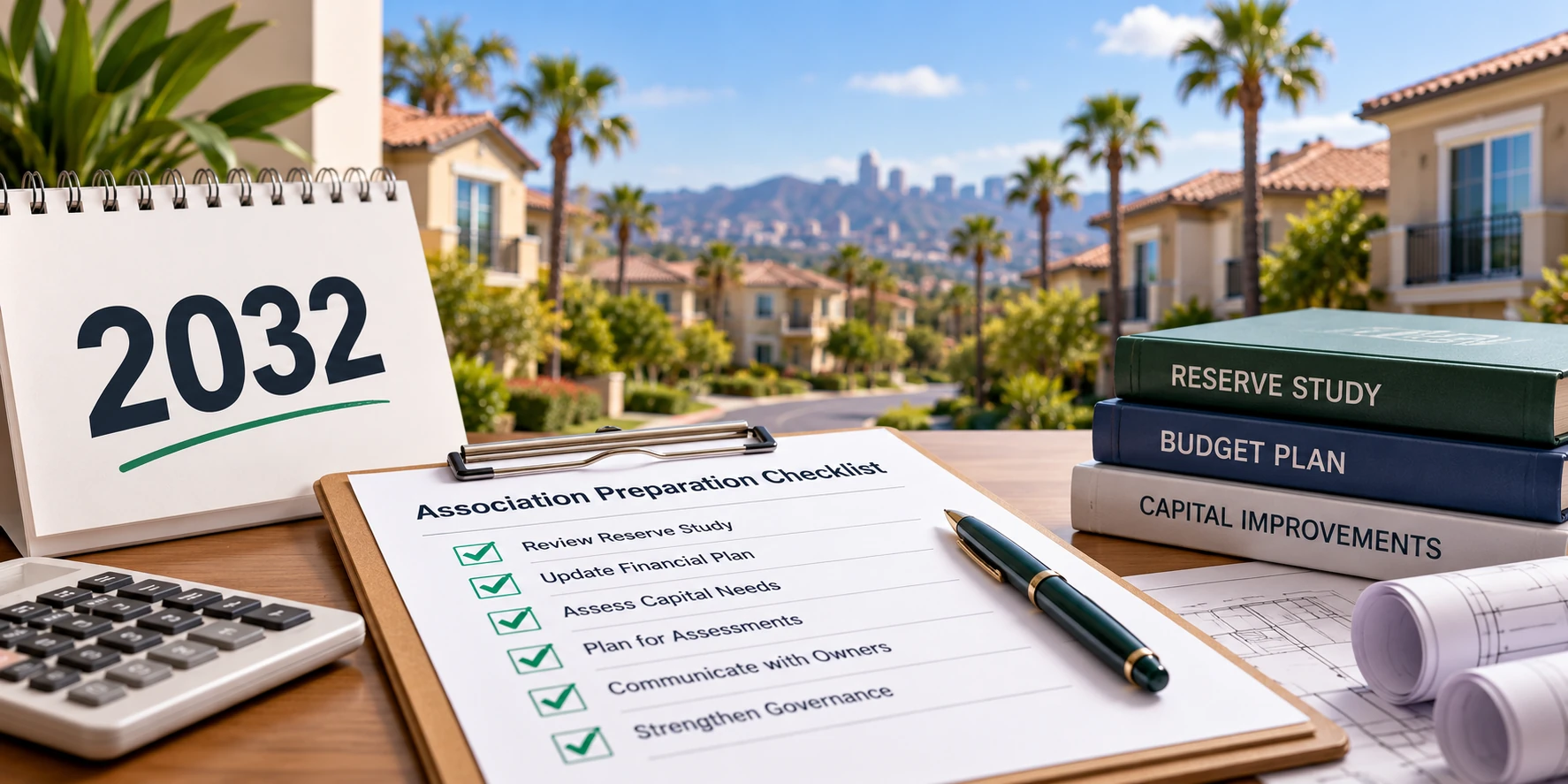 2032 calendar and HOA association preparation checklist with reserve study, budget planning, and capital improvement documents overlooking a California community.