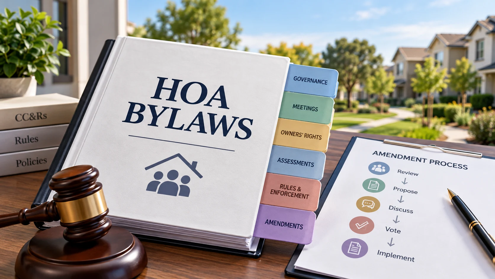 HOA bylaws document with governance rules, homeowner rights, meeting procedures, and a step-by-step amendment process for changing HOA bylaws.