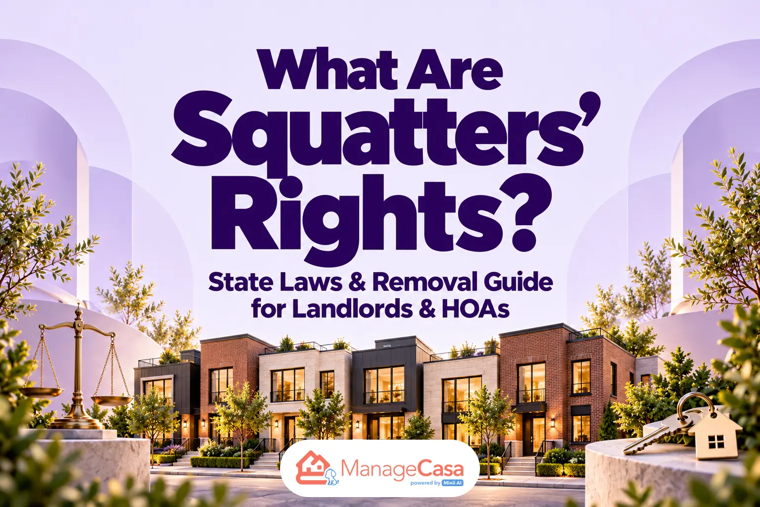 What Are Squatters’ Rights? State laws and removal guide for landlords and HOAs, featuring modern residential properties, a justice scale, house keys, and ManageCasa branding.