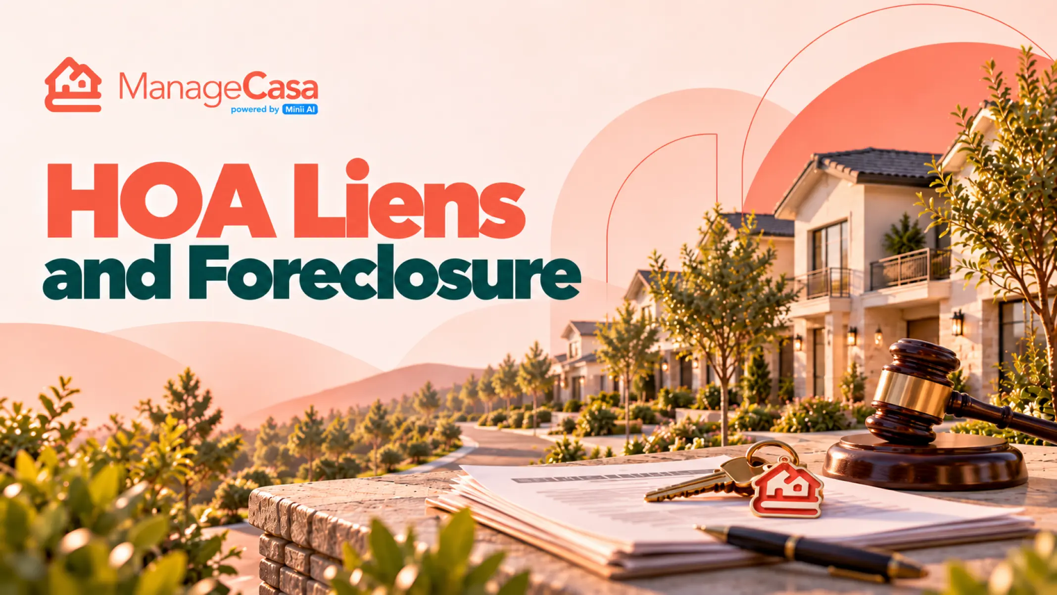HOA liens and foreclosure guide featuring a residential community, legal gavel, property keys, and documents representing HOA lien enforcement and foreclosure proceedings.
