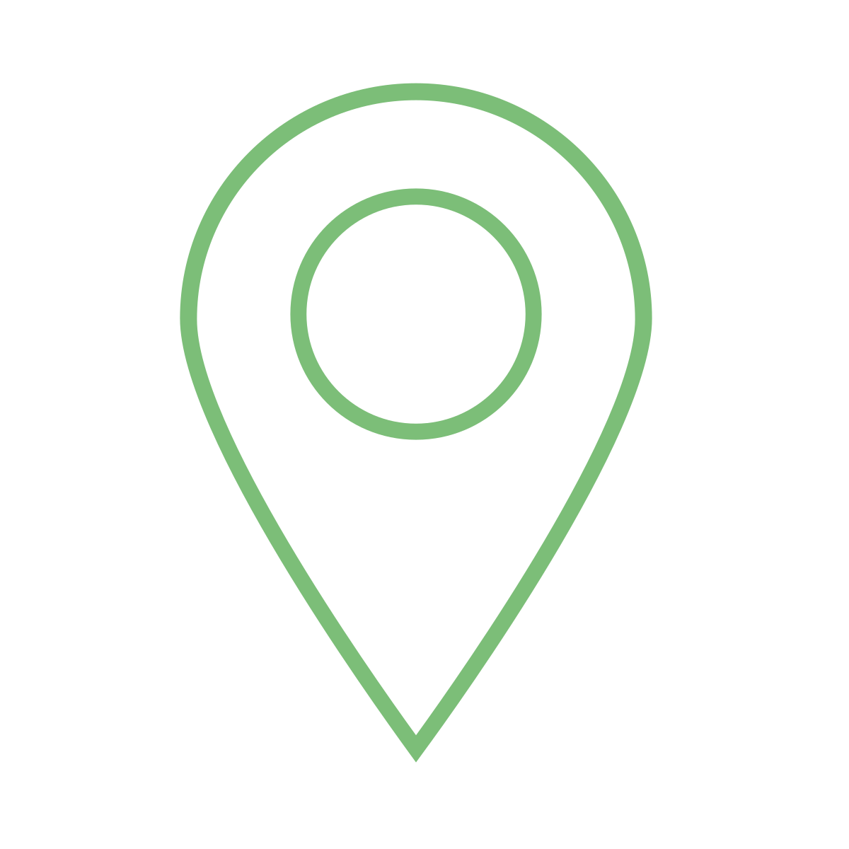 Green outlined map location pin icon with central circle.