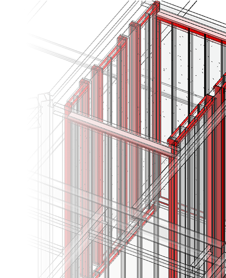   Transparent architectural 3D wireframe model showing a building structure with red vertical and horizontal beams.