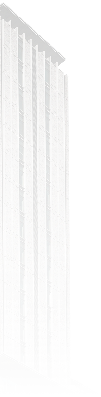 Side view of a modern high-rise building with vertical window columns and textured exterior walls fading into white background.