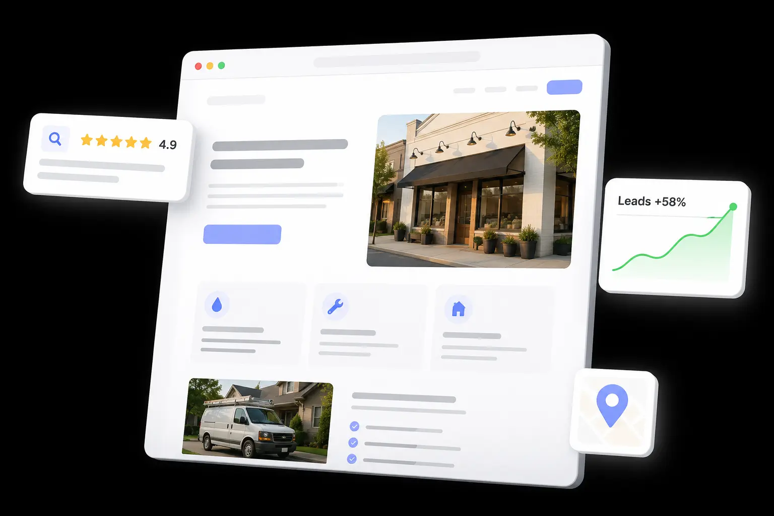Small business website mockup with five-star Google reviews and lead growth analytics
