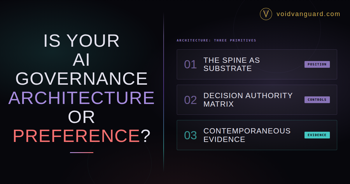 The Architect stage of the Diagnostic Arc. Three architectural primitives that convert AI governance policy into examiner-ready mechanism.