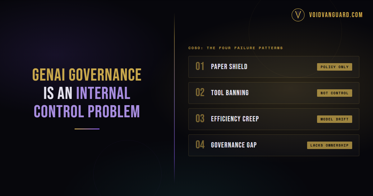 Void Vanguard featured graphic titled GenAI Governance Is an Internal Control Problem, listing COSO's four failure patterns: Paper Shield, Tool Banning, Efficiency Creep, and Governance Gap.