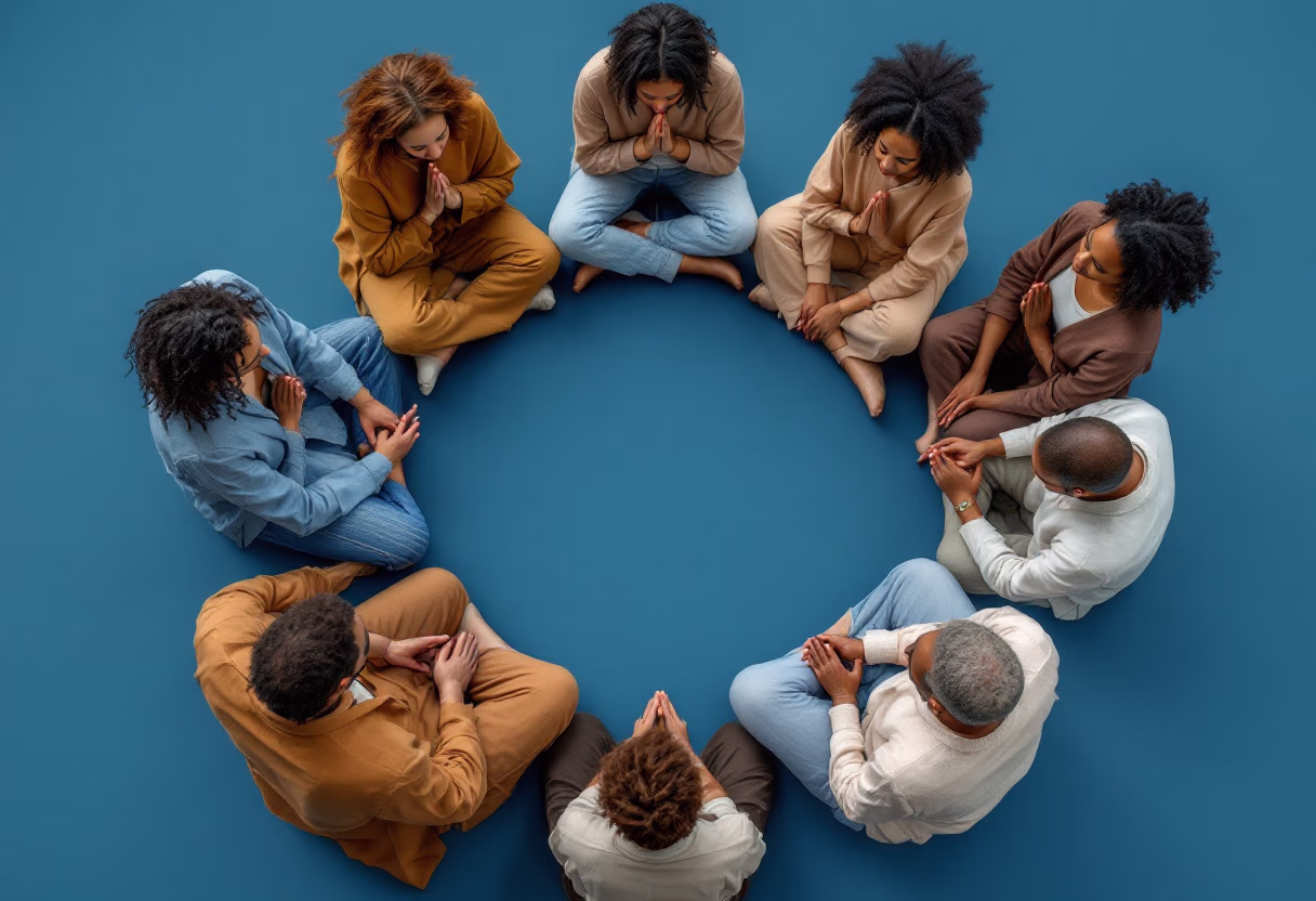 Group of diverse people sitting in a circle praying with heads bowed and hands clasped.