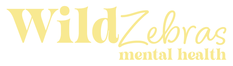 Wild Zebras mental health logo in pale yellow text on white background.