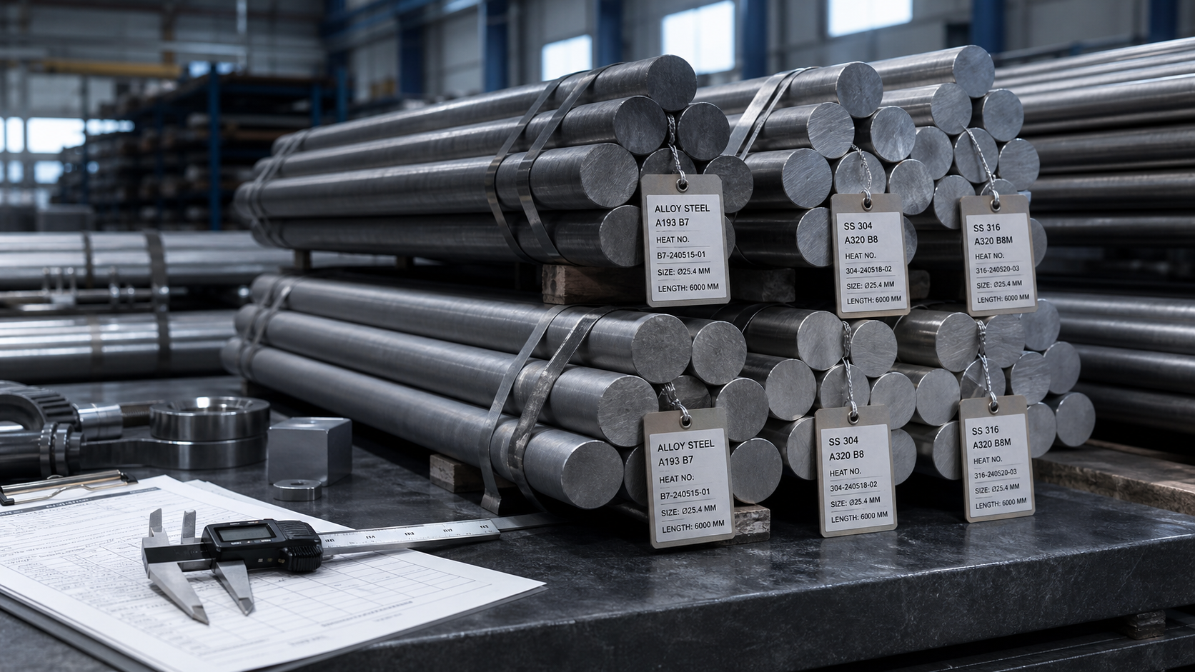 Raw material bars before stud bolt manufacturing