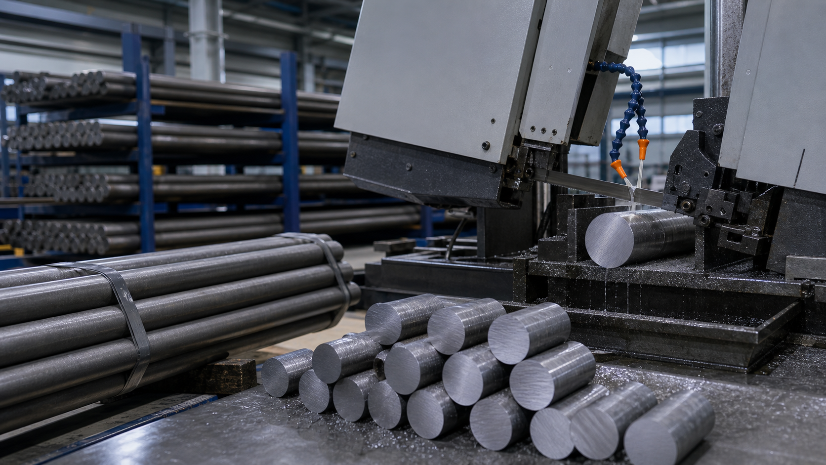 Cutting alloy steel round bars into stud bolt blanks