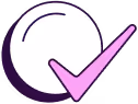White circle with a pink checkmark symbol.