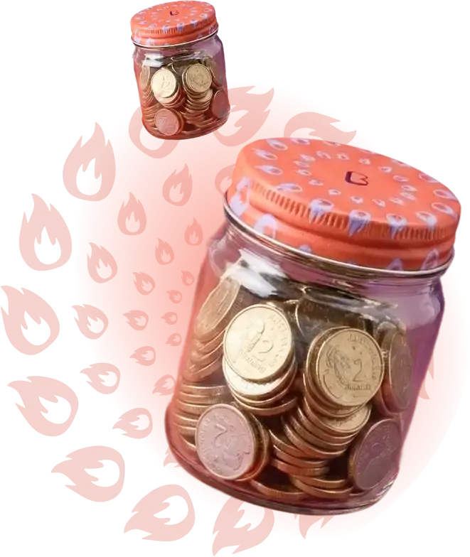 Glass jar filled with coins and an orange lid with white designs on a red circular background with fire icons.