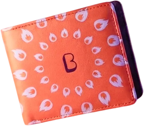 Orange wallet with white flame patterns arranged in a circle and a central letter B.