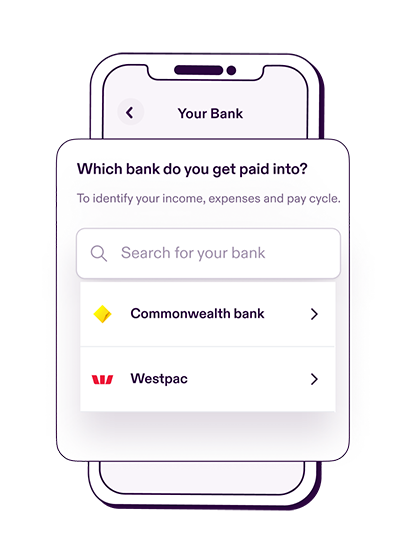 Mobile screen showing bank selection with options for Commonwealth Bank and Westpac.