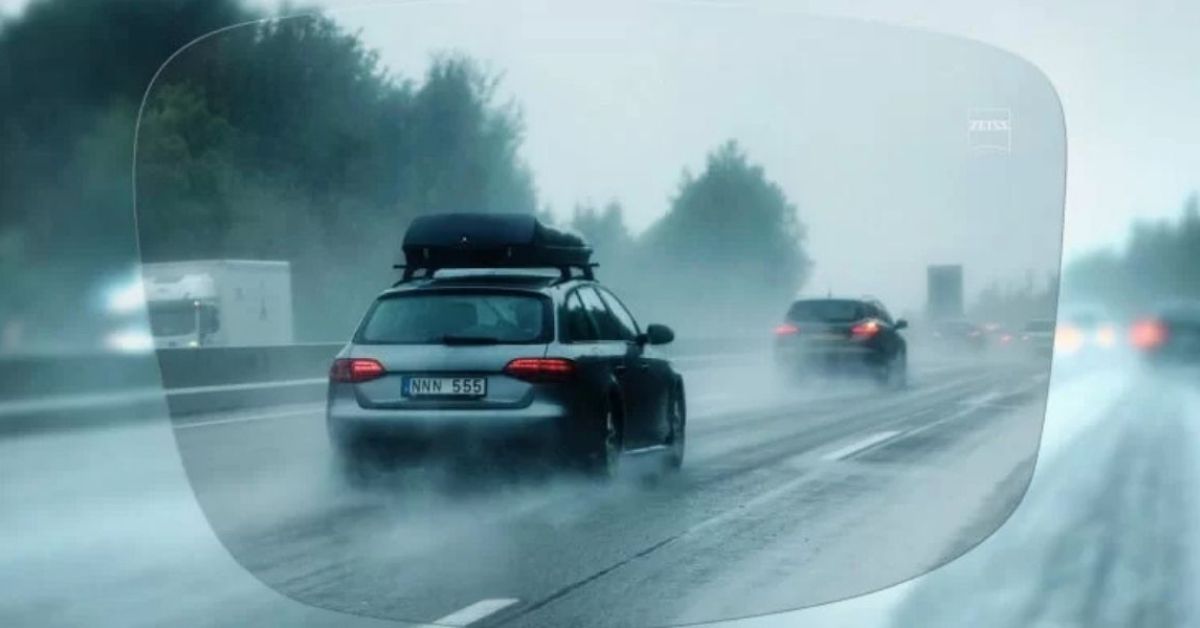 Clear Zeiss lens showing sharp vision on a rainy highway.