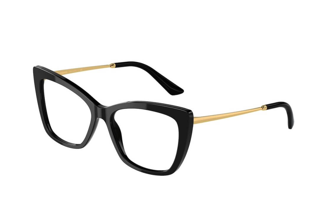 Black rectangular glasses frames with gold temple arms.