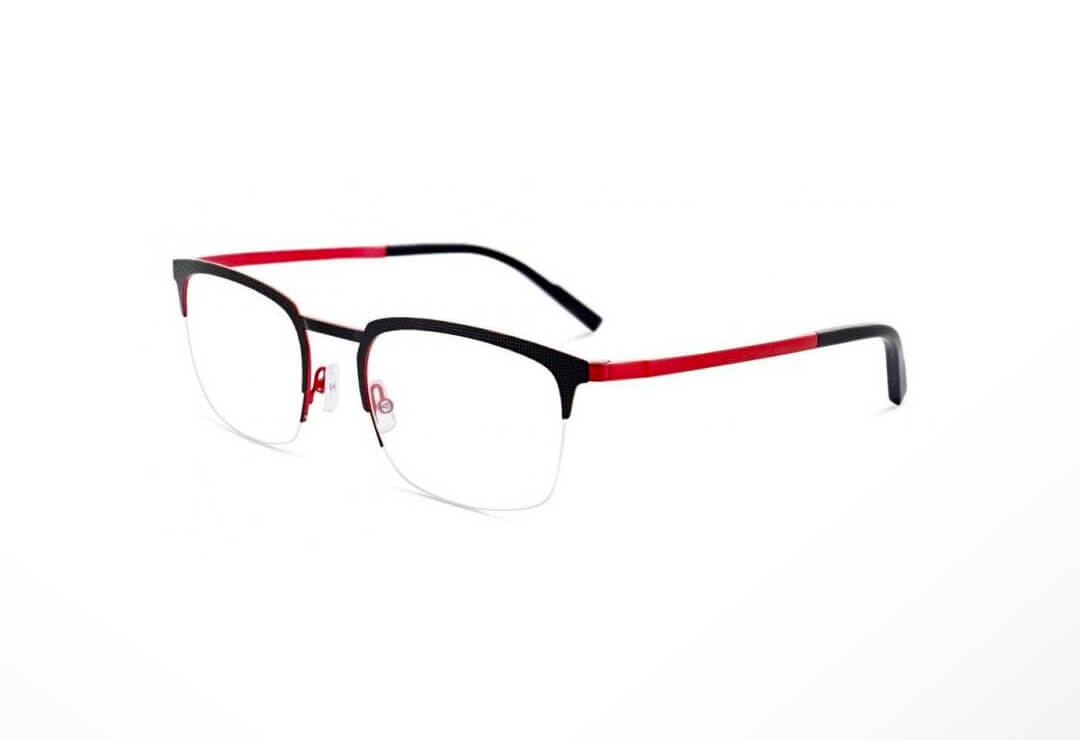 Black and red two-tone rectangular glasses frames on white background.