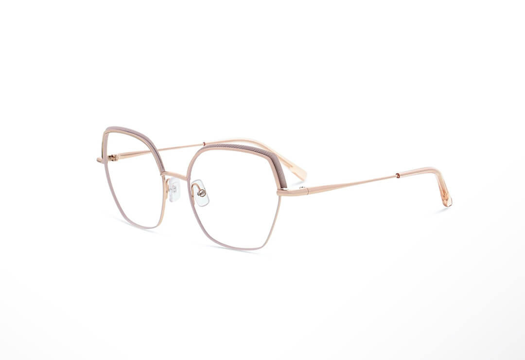 Delicate gold metal square glasses frames on white background.