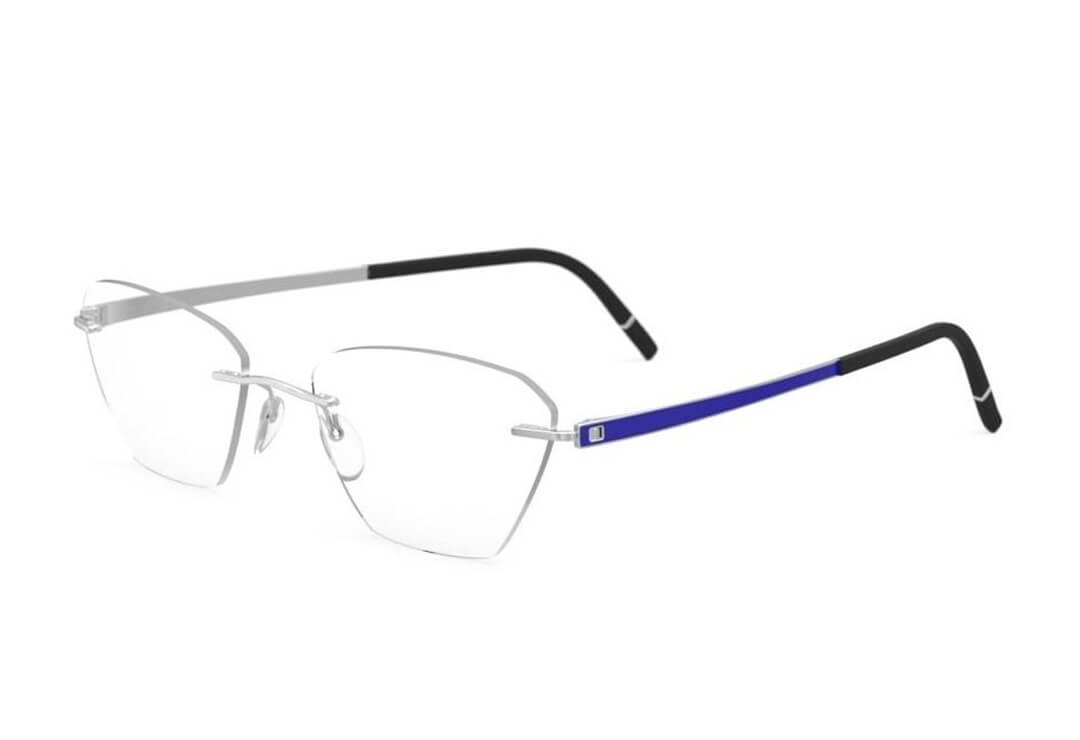 Minimalist rimless silver cat-eye glasses frames on white background.