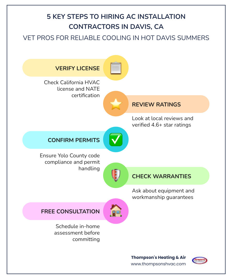 Infographic showing 5 key steps to hiring AC installation contractors in Davis CA: Step 1 - Verify California HVAC license and NATE certification; Step 2 - Check local reviews and verified ratings; Step 3 - Confirm they handle permits and Yolo County code compliance; Step 4 - Ask about equipment and workmanship warranties; Step 5 - Schedule a free in-home consultation before committing - ac installation contractors in davis, ca infographic infographic-line-5-steps-colors