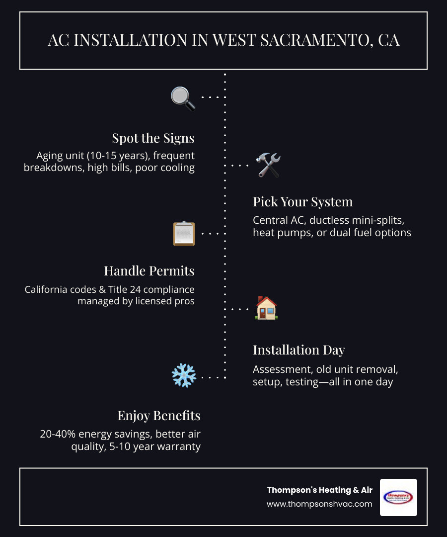 Infographic showing the key steps and benefits of professional AC installation in West Sacramento CA, including signs you need a new system, types of AC units available, the installation process from assessment to final testing, SEER2 efficiency ratings, permit requirements, typical timeline, and expected energy savings - ac installation in west sacramento, ca infographic infographic-line-5-steps-dark