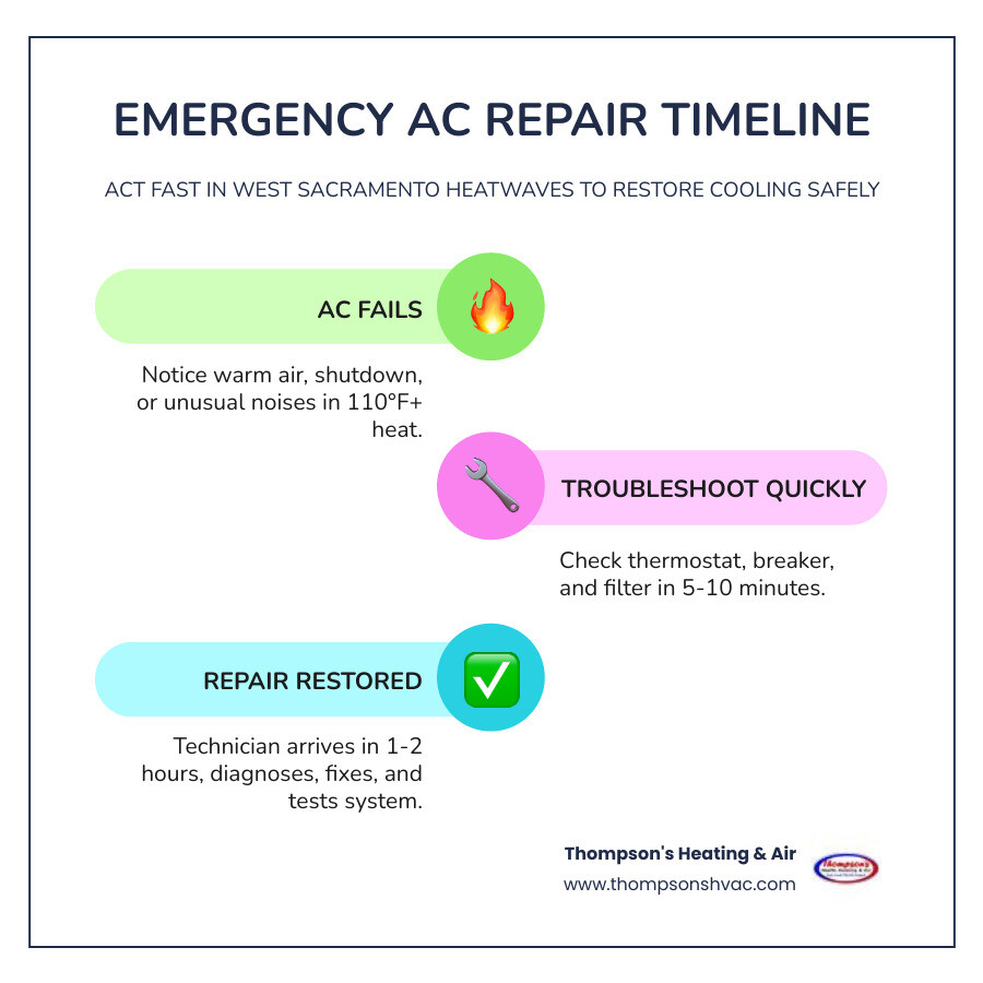 Infographic showing the emergency AC repair timeline in West Sacramento: Step 1 - AC fails, homeowner notices warm air or shutdown; Step 2 - Basic troubleshooting (thermostat, breaker, filter check) takes 5-10 minutes; Step 3 - Call 24/7 emergency HVAC service; Step 4 - Technician dispatched, typical arrival within 1-2 hours; Step 5 - On-site diagnosis and repair using stocked parts; Step 6 - System tested and cooling restored; sidebar notes include health risks of delay, common failure causes like refrigerant leaks and dirty coils, and a reminder that West Sacramento heat can exceed 110°F in summer - ac repair emergency in west sacramento, ca infographic infographic-line-3-steps-colors