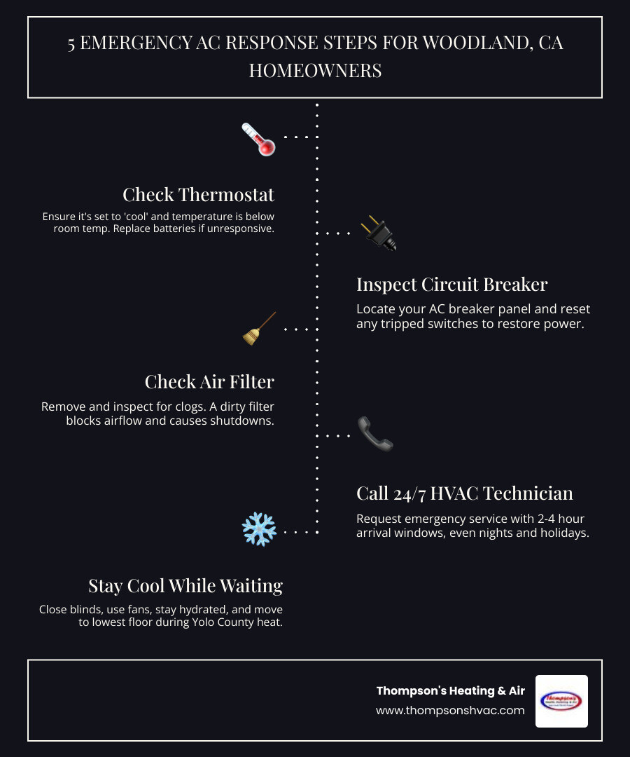 Infographic showing 5 emergency AC response steps for Woodland CA homeowners: check thermostat settings, inspect circuit breaker, check air filter, call 24/7 HVAC technician, use temporary cooling methods while waiting - with timeline showing 2-4 hour technician arrival window and safety tips for surviving Yolo County heat - ac repair emergency in woodland, ca infographic infographic-line-5-steps-dark