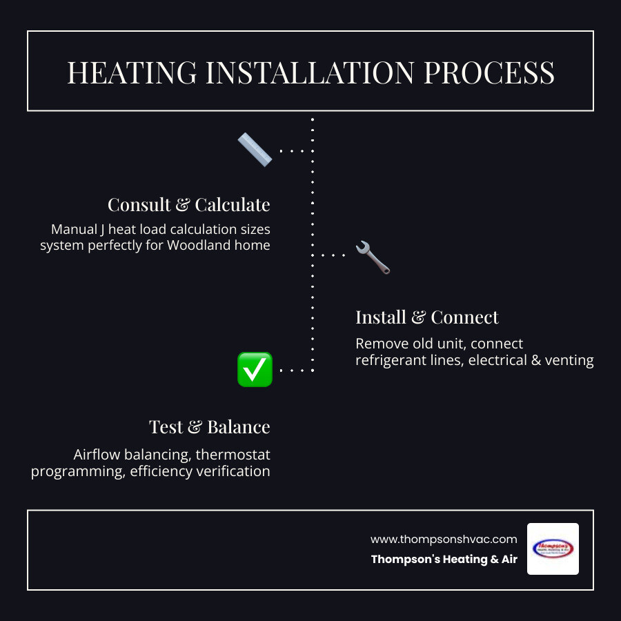 Heating installation process infographic illustrating steps: consult and calculate, install and connect, test and balance, with icons for tools and a checkmark, branded with Thompson's Heating & Air logo.