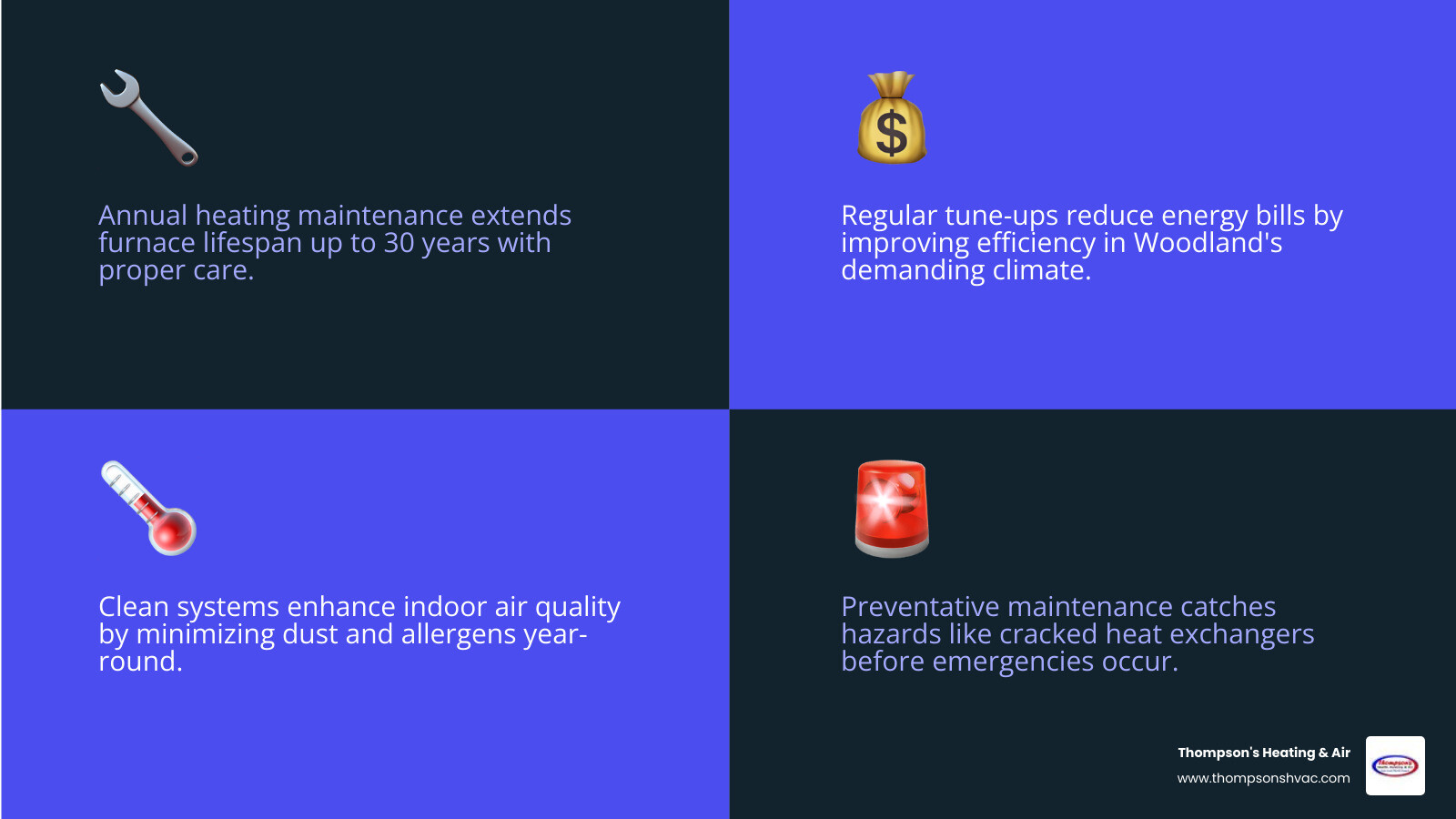 Infographic showing 5 key benefits of annual heating maintenance in Woodland CA: extended system lifespan up to 30 years, lower monthly utility bills, improved indoor air quality, prevention of emergency breakdowns, and safety inspections to catch hazards like cracked heat exchangers — with Yolo County climate context showing hot summers and cool winters - heating maintenance best in woodland, ca infographic 4_facts_emoji_blue