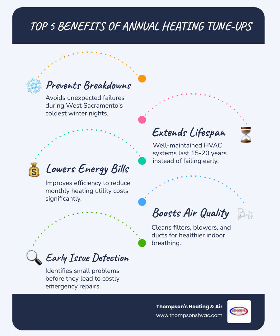 Top 5 benefits of annual heating tune-ups infographic highlighting prevention of breakdowns, energy bill reduction, lifespan extension, air quality improvement, and early issue detection, with branding for Thompson's Heating & Air.