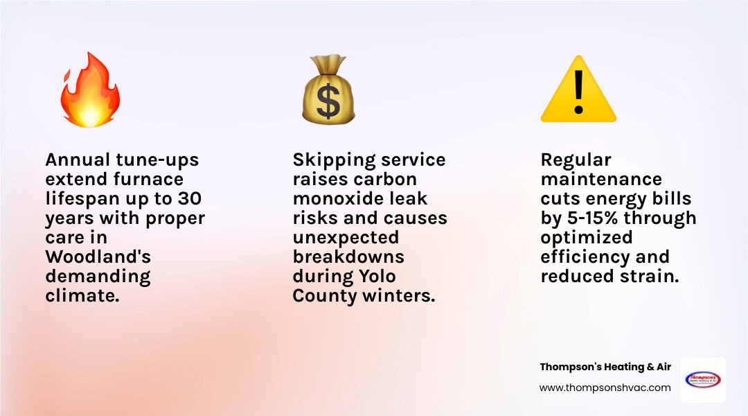 Annual heating maintenance tips for Woodland homeowners, emphasizing furnace longevity, cost savings, and safety, with icons representing fire, money, and caution.