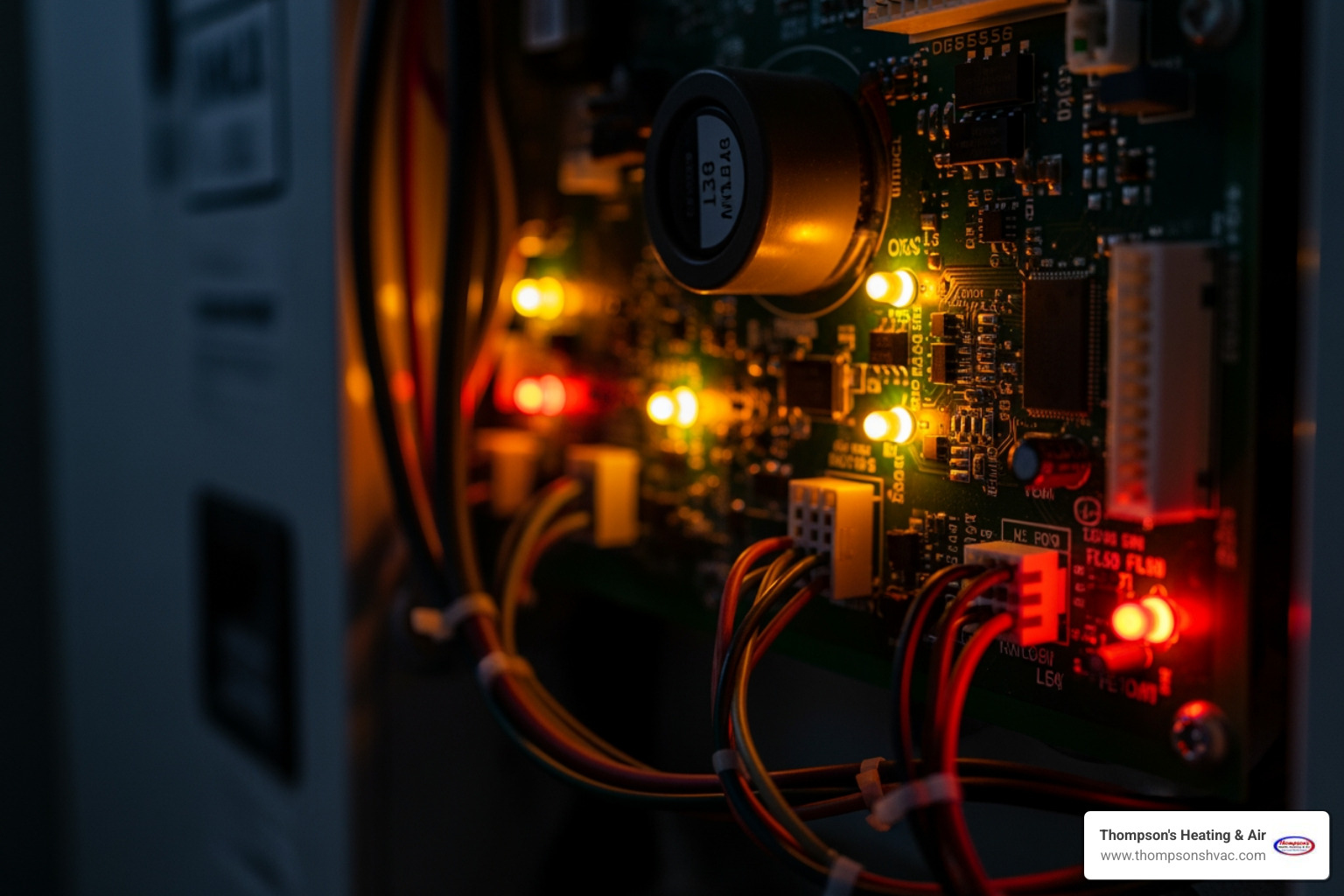 Close-up of a heating system control board with illuminated status lights and colorful wiring, highlighting the importance of HVAC maintenance and repair services for safe home heating.