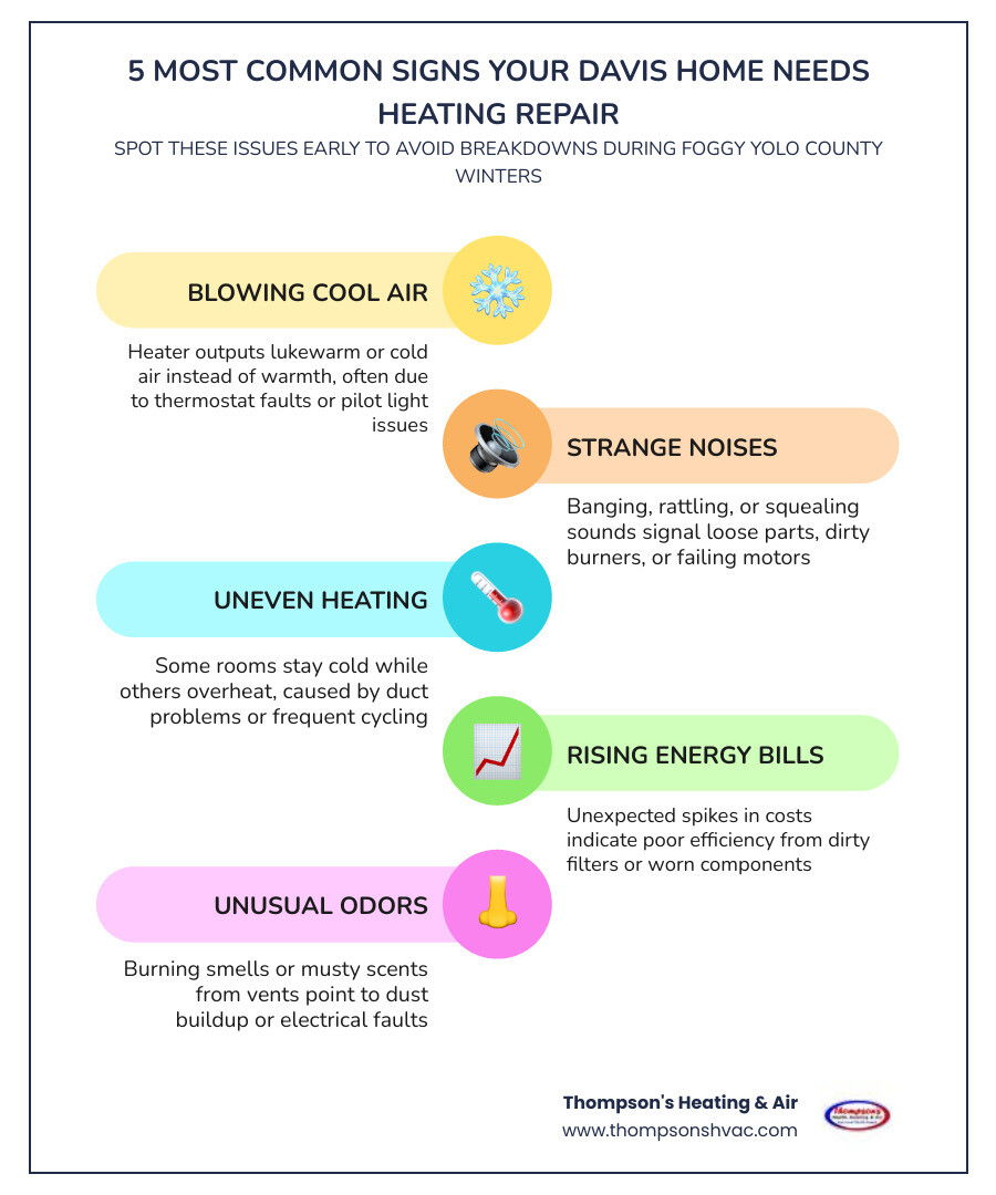 Infographic illustrating five common signs that indicate a home in Davis, CA needs heating repair, including blowing cool air, strange noises, uneven heating, rising energy bills, and unusual odors, branded with Thompson's Heating & Air logo.