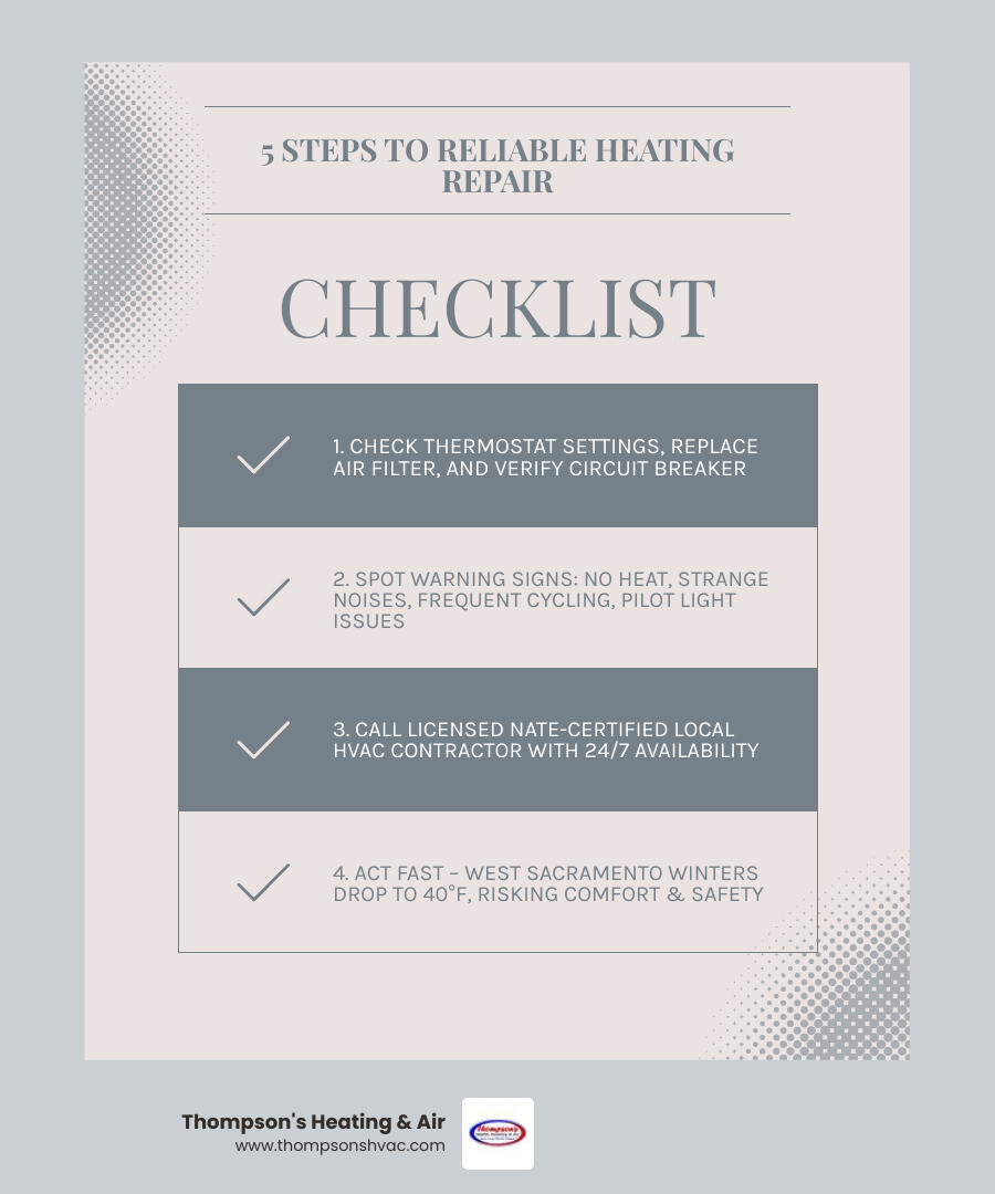 Checklist for reliable heating repair with steps for homeowners in West Sacramento, emphasizing the need for prompt HVAC service from Thompson's Heating & Air.