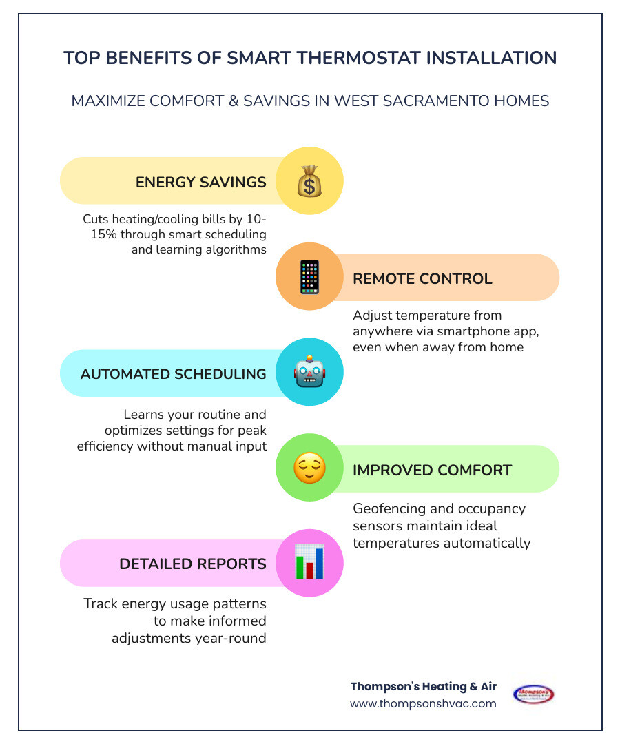 Infographic showing top benefits of smart thermostat installation in West Sacramento including energy savings and remote