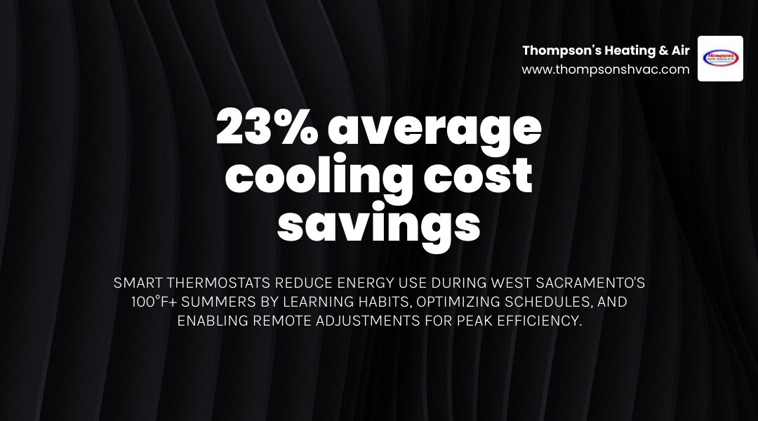 Infographic showing smart thermostat energy savings percentages and key benefits for West Sacramento homeowners - smart