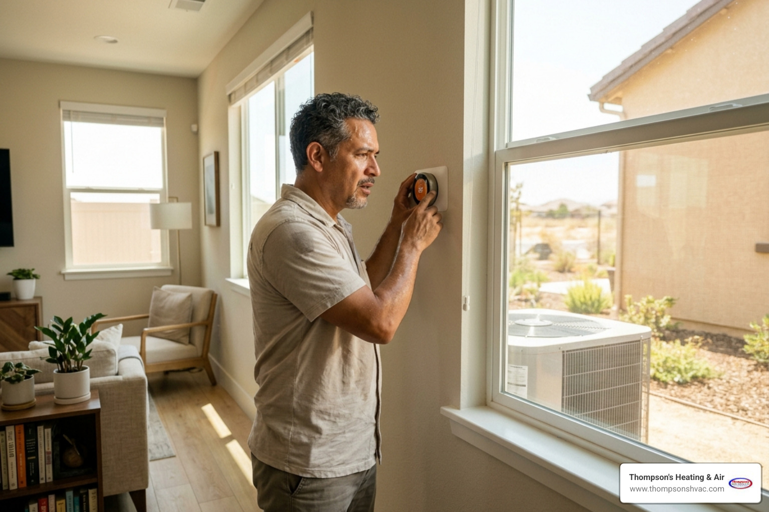 Homeowner checking a smart thermostat during a Woodland heatwave - how to prevent hvac emergencies with maintenance