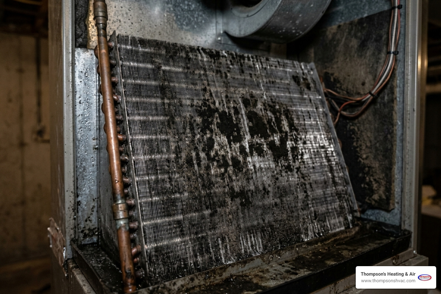 Close-up of dark spots and mold growth on a residential air handler unit in a basement - signs of mold in your hvac system