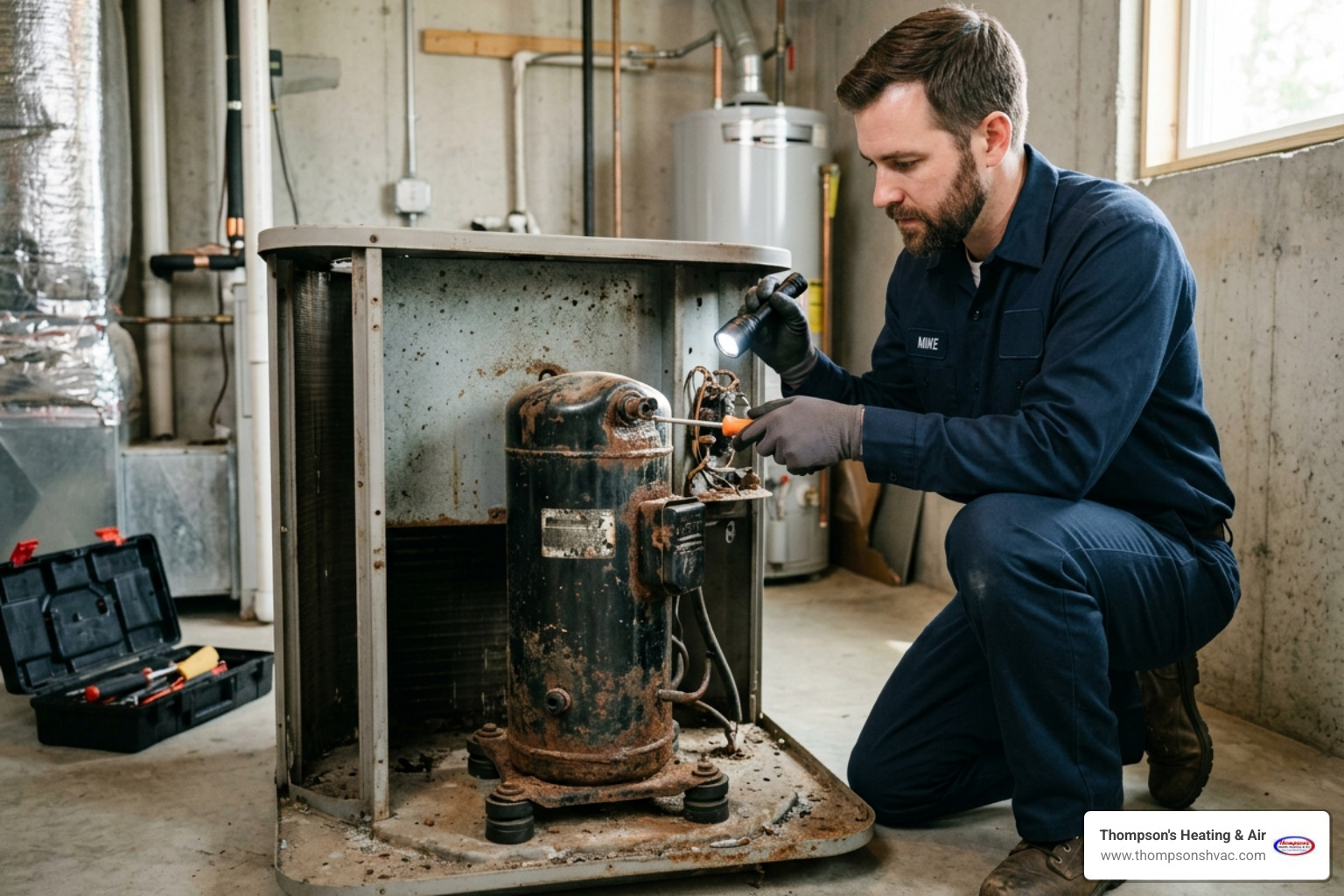 Technician inspecting a worn compressor in an improperly sized unit - how improperly sized systems shorten equipment life
