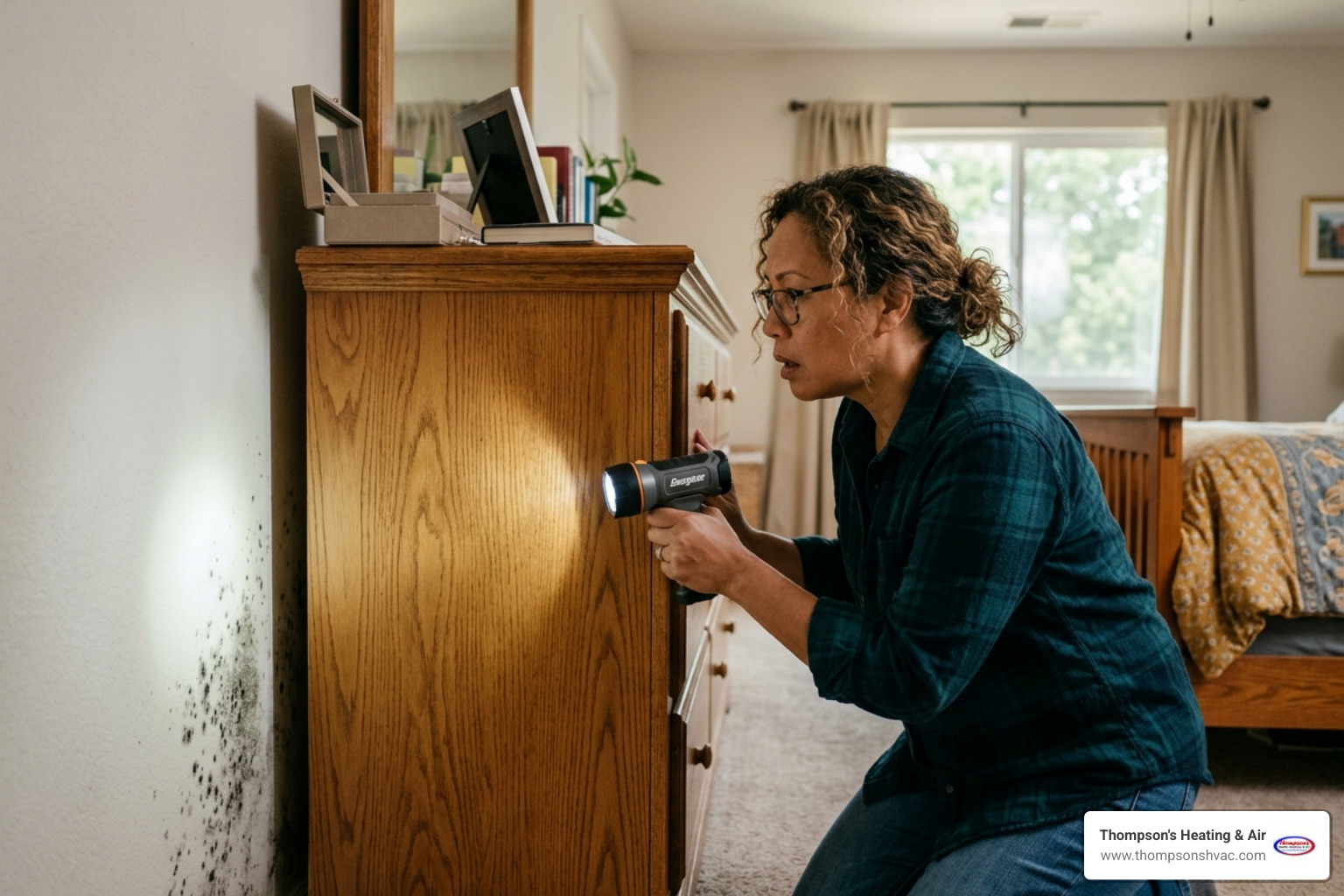 Homeowner looking behind a large bedroom dresser with a flashlight, discovering dark mold spots on the wall - mold