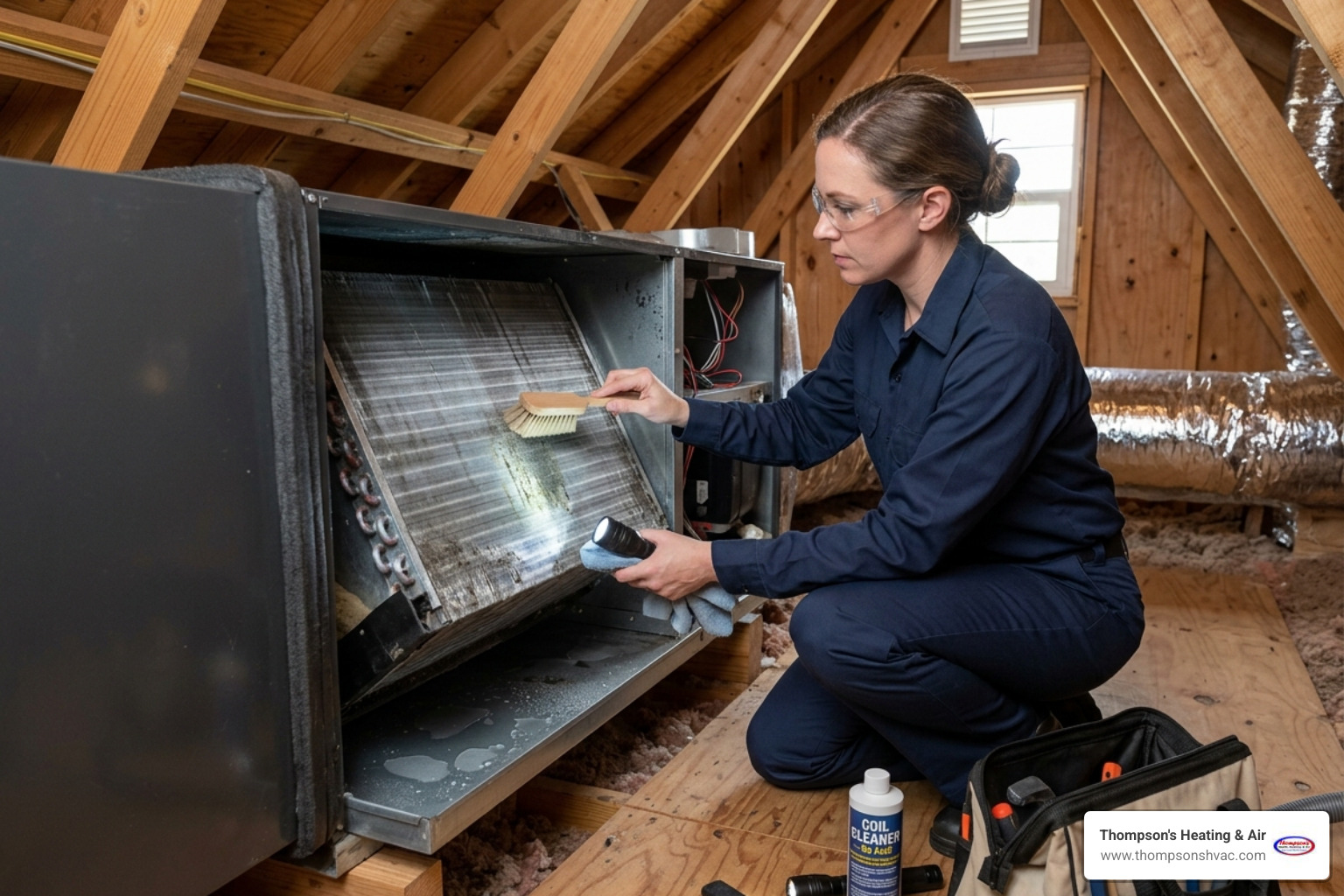 An HVAC technician carefully inspecting and cleaning an evaporator coil to ensure no moisture buildup - mold prevention and
