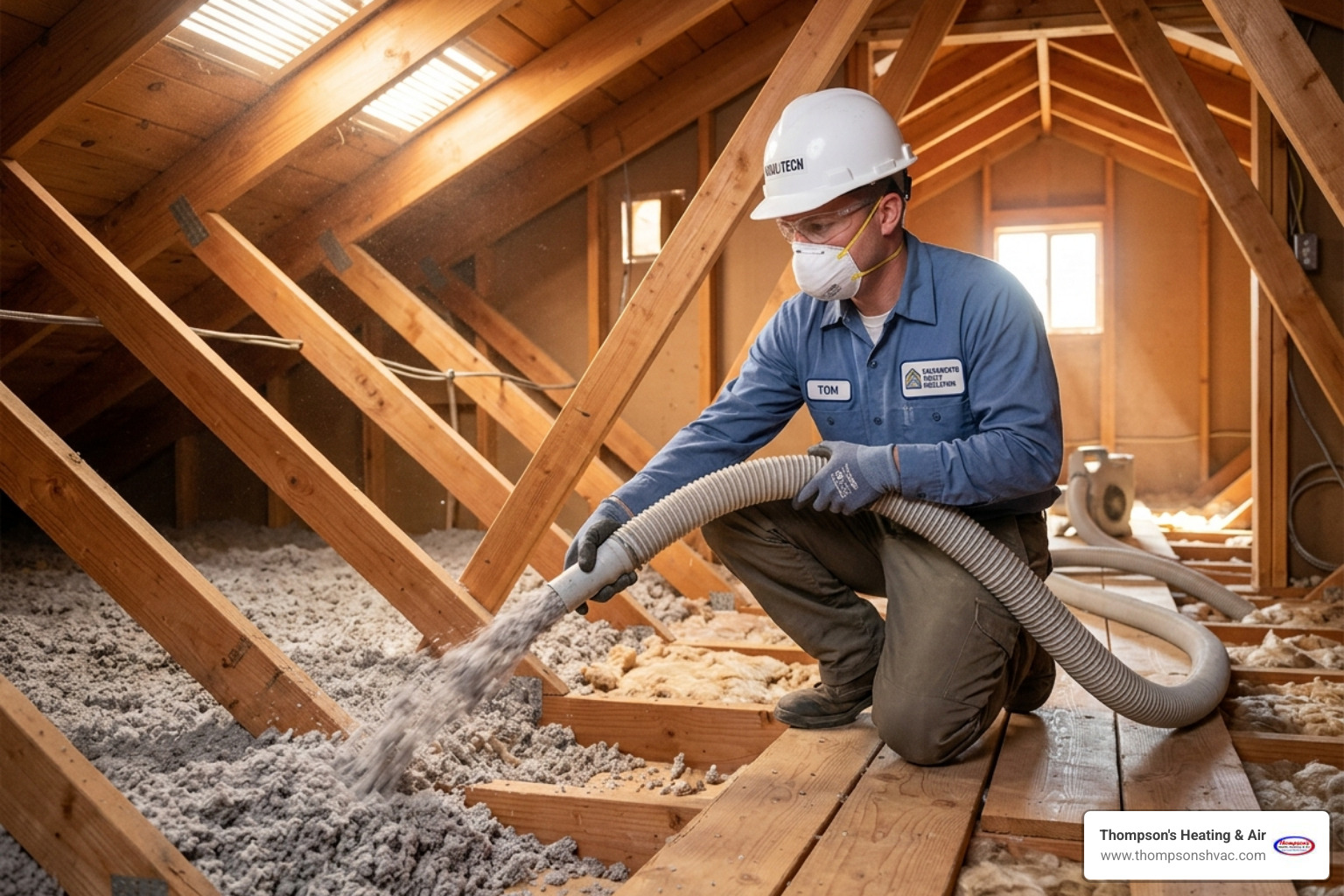 Professional installing blown-in cellulose insulation in a Sacramento Valley attic - pge rebates for sacramento valley