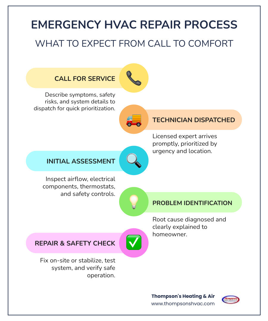 Emergency HVAC repair process infographic: call dispatch, technician arrives, diagnose issue, repair or stabilize, safety