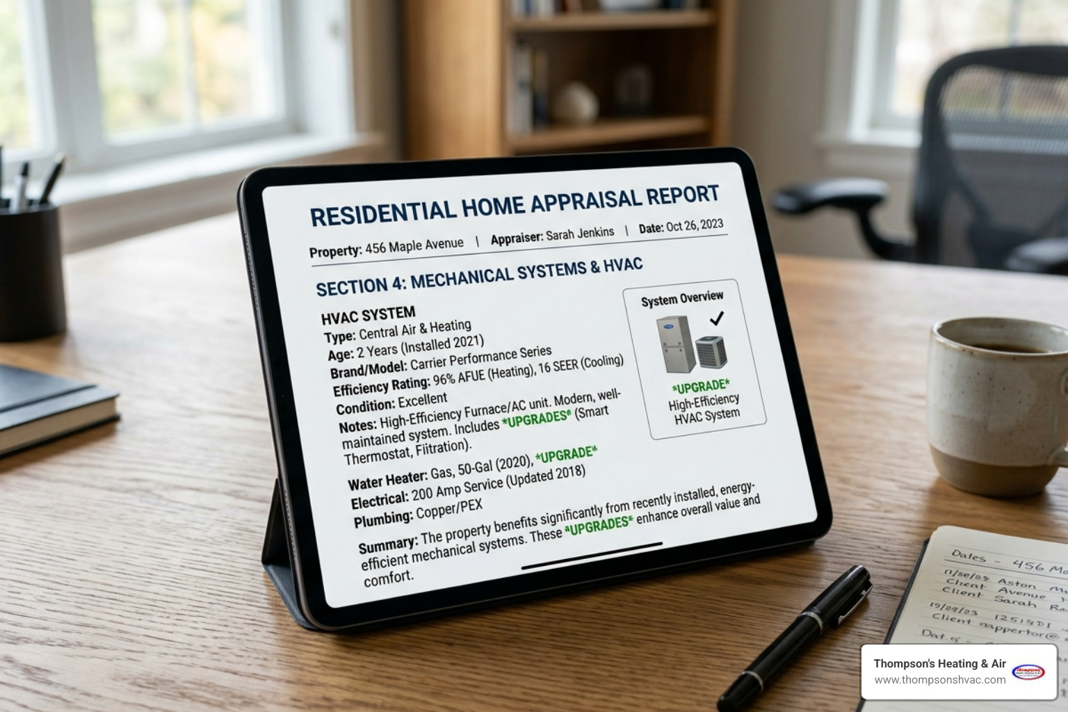 Digital appraisal report on a tablet highlighting mechanical system upgrades and high-efficiency HVAC notes - how a new hvac Digital appraisal report on a tablet highlighting mechanical system upgrades and high-efficiency HVAC notes - how a new hvac