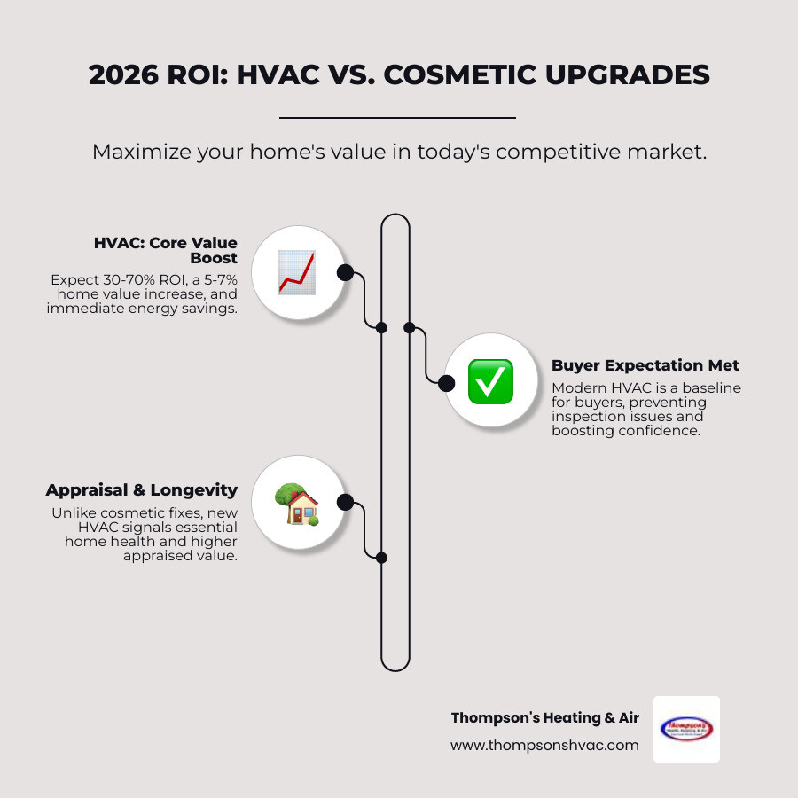 Infographic showing 2026 ROI of HVAC upgrades compared to cosmetic renovations like kitchen and bathroom remodels - how a Infographic showing 2026 ROI of HVAC upgrades compared to cosmetic renovations like kitchen and bathroom remodels - how a
