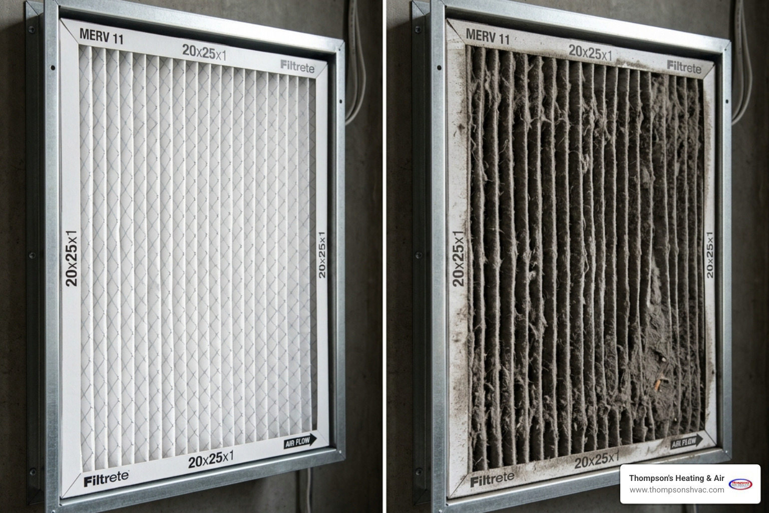 A side-by-side comparison showing a brand new white pleated filter next to a dark grey, dust-clogged filter - how often A side-by-side comparison showing a brand new white pleated filter next to a dark grey, dust-clogged filter - how often