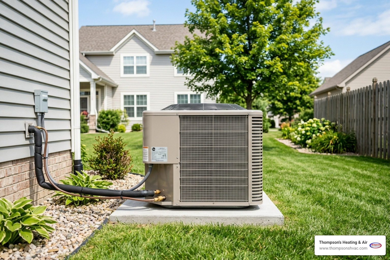 A clean outdoor condenser unit free of debris in a sunny yard - how often should you service your hvac A clean outdoor condenser unit free of debris in a sunny yard - how often should you service your hvac