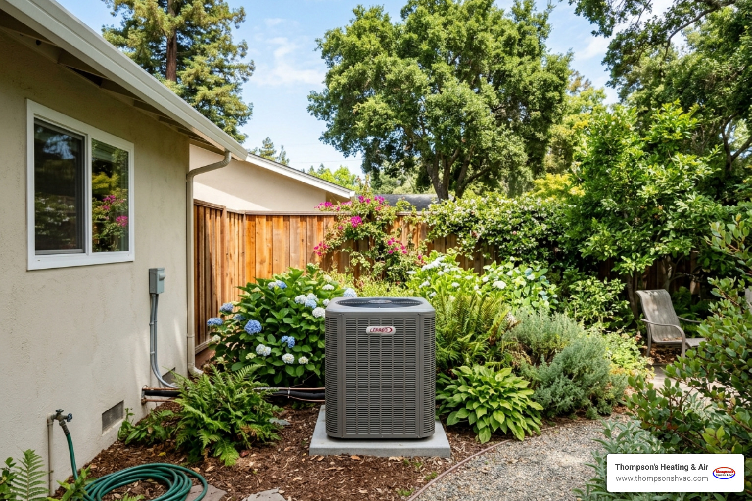 Central air conditioning unit in a Woodland backyard surrounded by summer greenery - how sacramento valley heat affects your Central air conditioning unit in a Woodland backyard surrounded by summer greenery - how sacramento valley heat affects your
