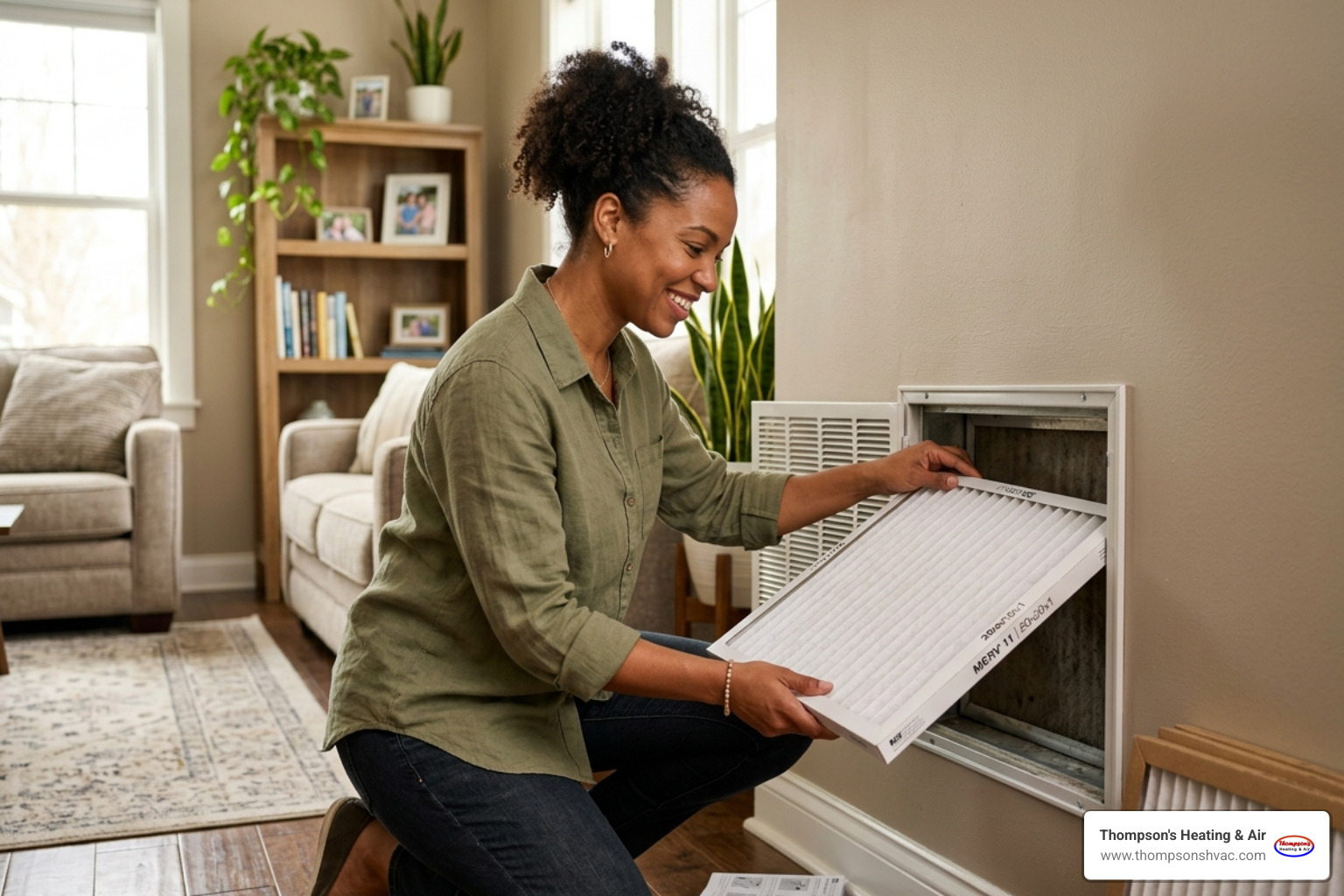 homeowner sliding a new air filter into an HVAC slot - getting your cooling system ready for warm weather